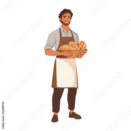 A man baker with apron illustration holding bread vector