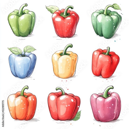 Nine colorful bell peppers in a row,  illustration.