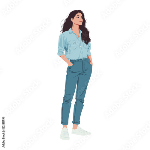 A woman wearing blue shirt and jeans illustration clothing apparel vector