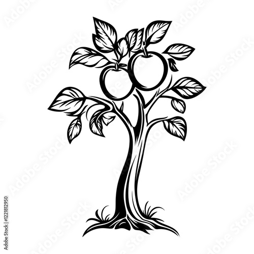 Simple apple tree with apple linear art illustration graphics vector