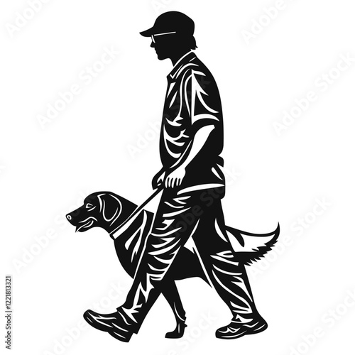 A blind person with a guide dog walking linear illustration silhouette stencil vector