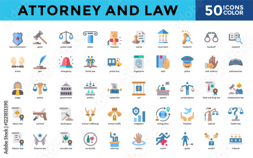 Attorney and Law icons set with law enforcement, gavel, justice scale, pillars, freedom, stamp, courtroom, footprint, handcuff, research icon. Simple color vector 
