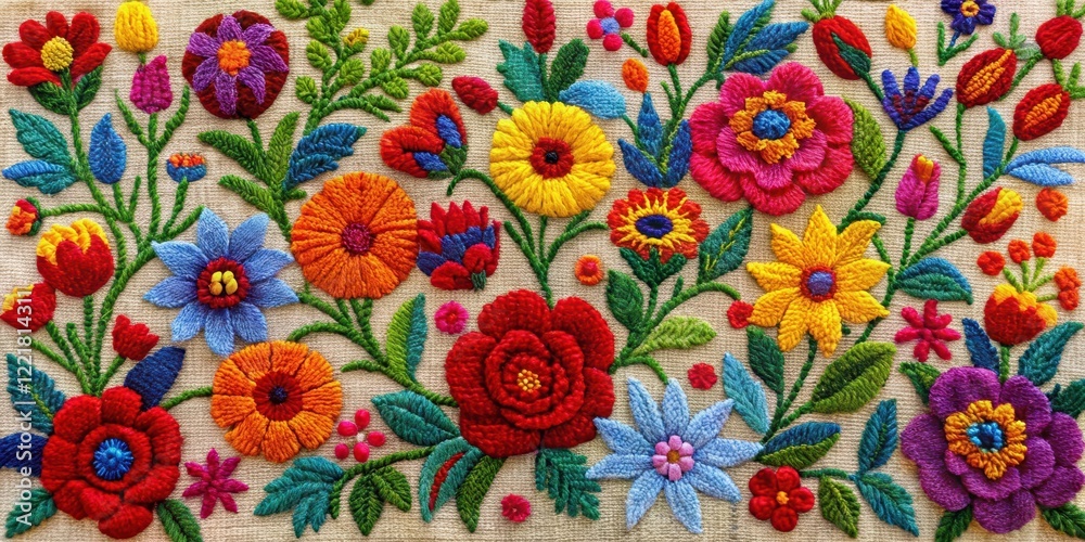 Vibrant floral embroidery showcasing a diverse array of colorful blossoms and foliage, meticulously crafted with yarn Vibrant floral embroidery showcasing a diverse array of colorful blossoms and foliage, meticulously crafted with yarn
