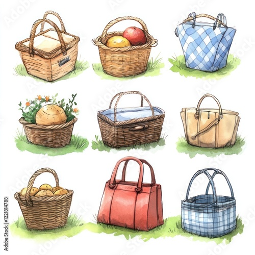 Nine hand-drawn illustrations of various picnic baskets and bags, with various styles and materials, isolated on white background.