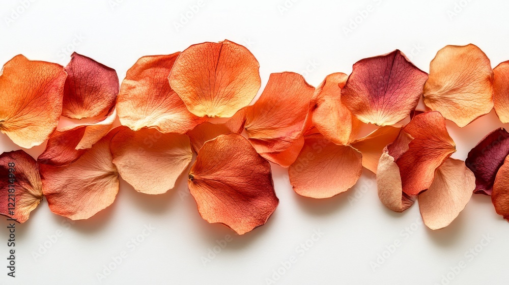Dried Rose Petals Arranged in a Row on White Background Dried Rose Petals Arranged in a Row on White Background
