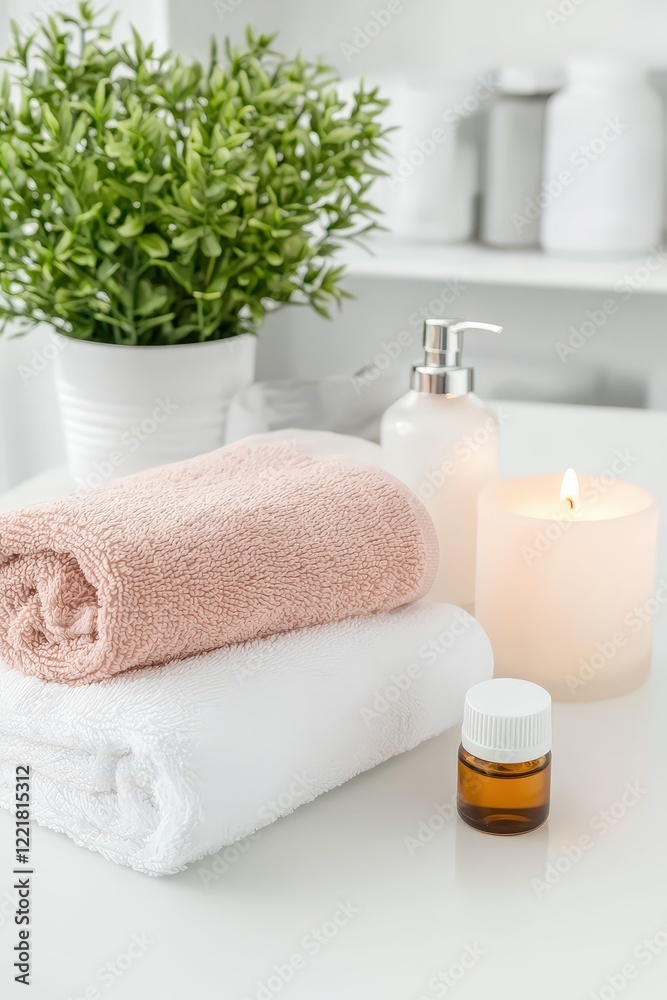 Relaxing spa concept with candles, towels, and essential oils. Relaxing spa concept with candles, towels, and essential oils.