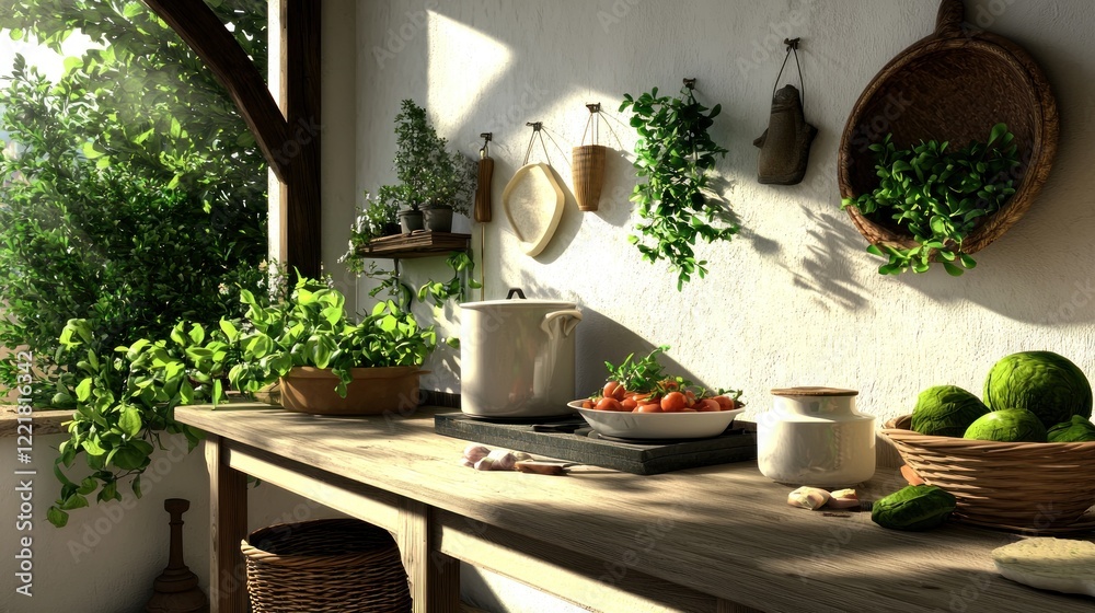 Sunlit Rustic Kitchen with Herb Garden Sunlit Rustic Kitchen with Herb Garden