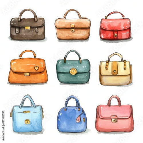 Nine watercolor illustrations of women's handbags, featuring various colors and styles.
