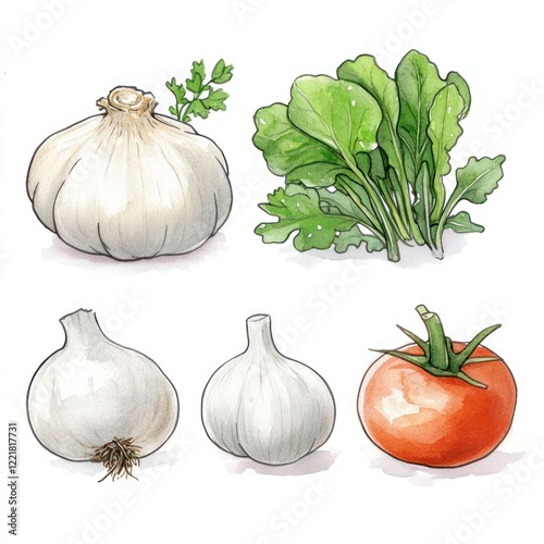 Watercolor illustration of garlic, tomato, and spinach.