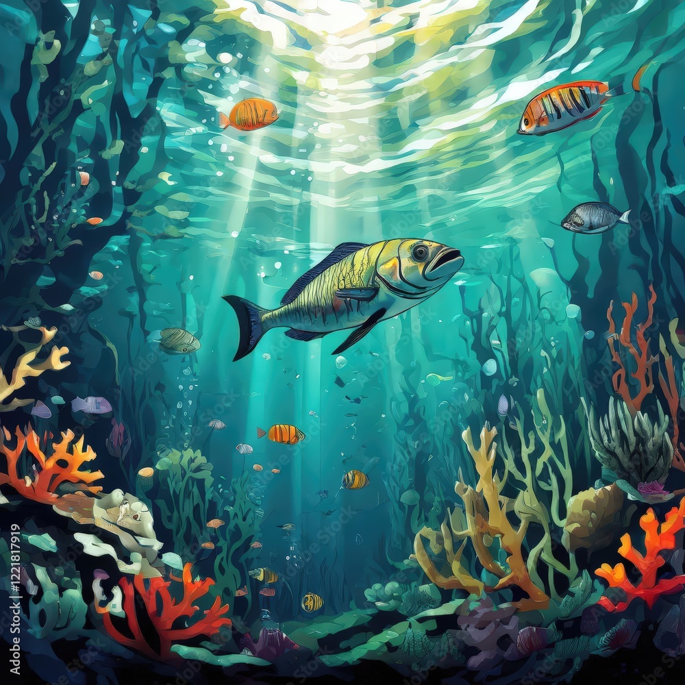 Fototapeta premium the AI Image Generator, Vivid Underwater Scene With Fish and Coral Reef