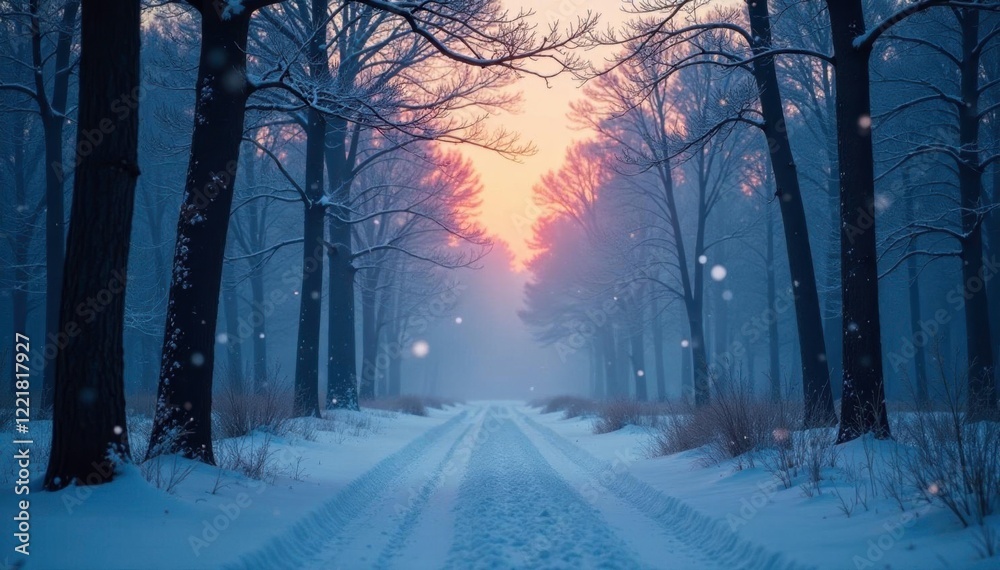Misty forest at dusk with soft snowfall and tree branches, cold colors, frosty Misty forest at dusk with soft snowfall and tree branches, cold colors, frosty