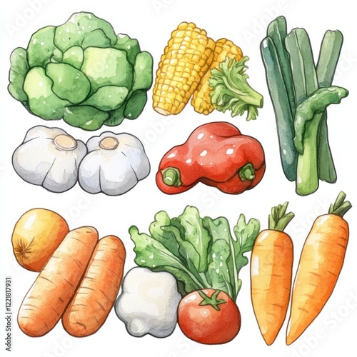Watercolor illustration of various vegetables, including corn, cabbage, garlic, pepper, carrots, tomato, and onion.
