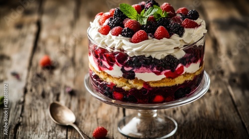 A beautifully layered berry trifle with layers of vanilla sponge cake, mixed berries, and custard