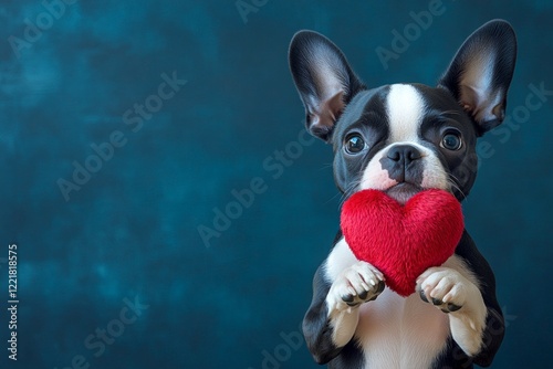 Cute boston terrier hound with fluffy red heart - symbol of love, funny greeting card. Boston terrier - my treasured dog. Ad creative. Pet-themed valentine's day. Friendship with animals. photo