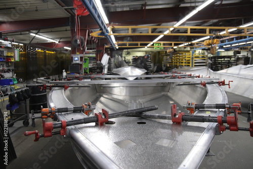 Interior of an aluminum boat making factory near Ottertail, Minnesota