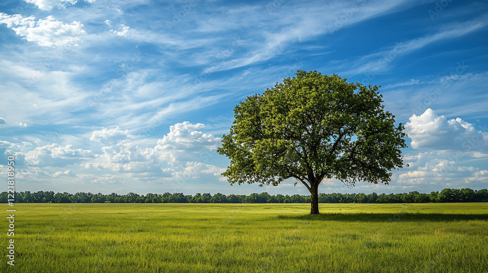 Obraz premium A solitary tree stands in a lush green field under a bright blue sky with scattered clouds