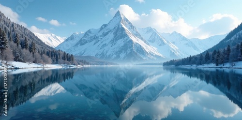 Reflection of a snowy mountain range in a calm lake, alpine, Val di Sole, snow