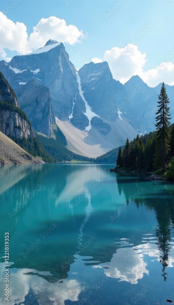 Fototapeta premium Serene lake with majestic mountain peaks in the background, serene, mountain