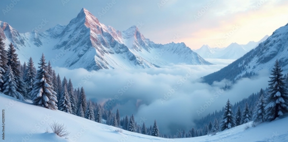 Serene mountain peaks shrouded in misty snowfall, alpine winter landscape, alpine scenery, frozen lakes Serene mountain peaks shrouded in misty snowfall, alpine winter landscape, alpine scenery, frozen lakes