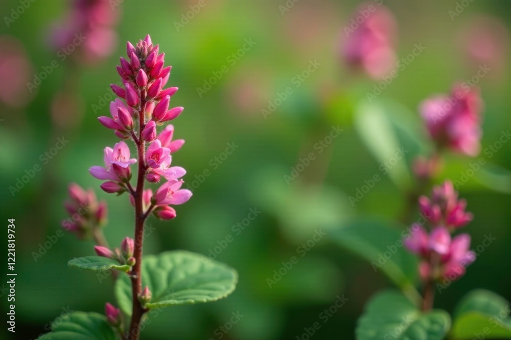 Small pink flowers on woody stems with leaves and twigs, hyptis bushmint, pink flowers Small pink flowers on woody stems with leaves and twigs, hyptis bushmint, pink flowers