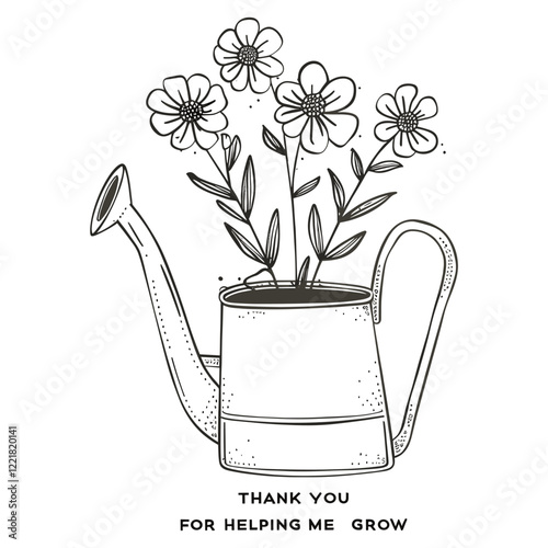 Flowers growing in an old watering can helping drawing thank vector