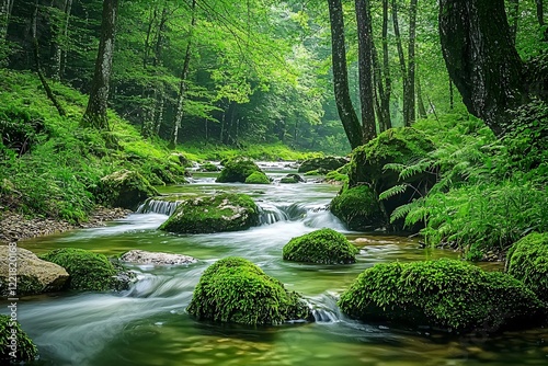 Serene forest stream flowing through lush greenery with moss-covered rocks and tranquil atmosphere