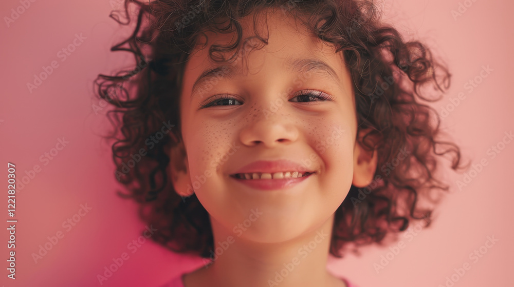 Im unable to identify person image. However, I can help you create description and keywords based content.A joyful child with curly hair smiles against pink background, radiating happiness and Im unable to identify person image. However, I can help you create description and keywords based content.A joyful child with curly hair smiles against pink background, radiating happiness and