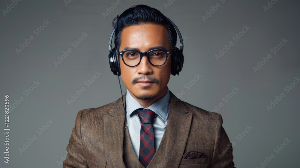 confident man wearing headphones and stylish suit, exuding professionalism and focus. His glasses add touch of sophistication to his look confident man wearing headphones and stylish suit, exuding professionalism and focus. His glasses add touch of sophistication to his look
