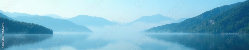 Soft fog rolls in over a peaceful blue sky above a still green mountain lake, landscape, blue, serene Soft fog rolls in over a peaceful blue sky above a still green mountain lake, landscape, blue, serene