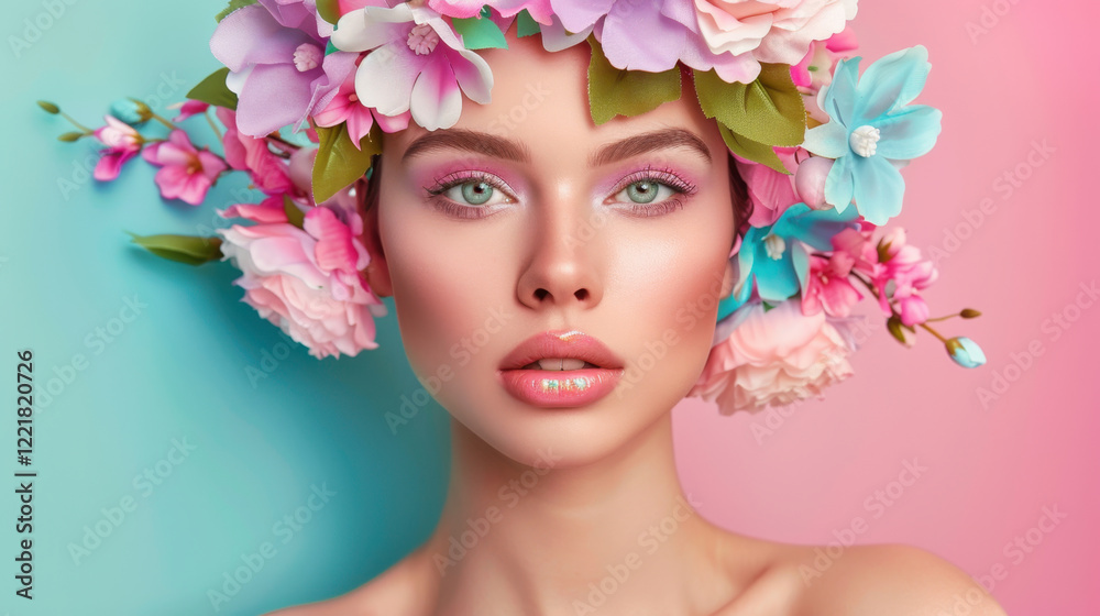 woman with floral headpiece, vibrant makeup, and soft skin tones, exuding beauty and elegance against pastel background woman with floral headpiece, vibrant makeup, and soft skin tones, exuding beauty and elegance against pastel background