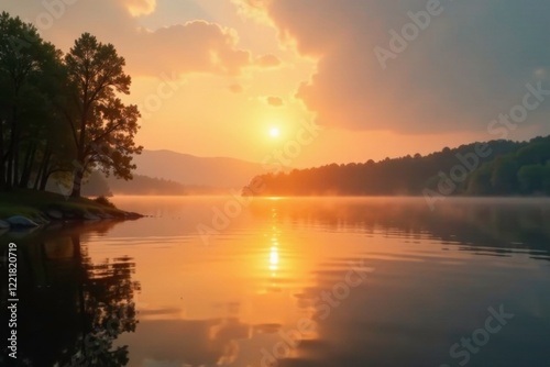 Soft focus of a golden sunrise on a calm lake, calm atmosphere, sun rise, golden hue