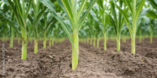 Young sugarcane plants growing in rows on fertile soil, showcasing vibrant greenery