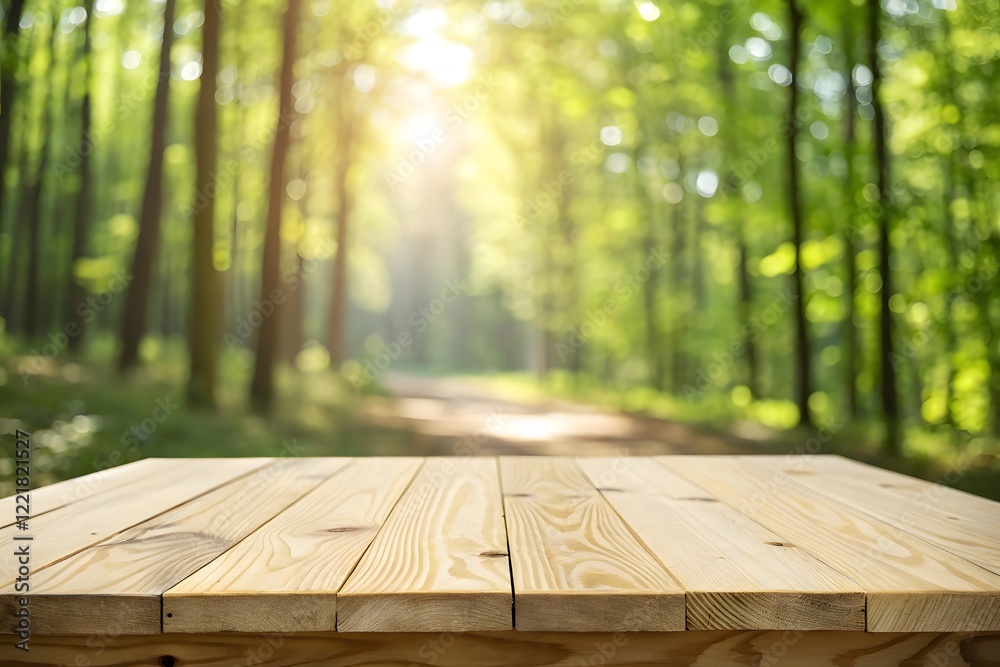 A wooden table top with a blurred background of a bright sunsets moment A wooden table top with a blurred background of a bright sunsets moment