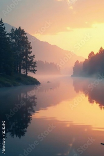 Softly glowing mist rises from the river surface as morning breaks slowly, dawn, atmosphere