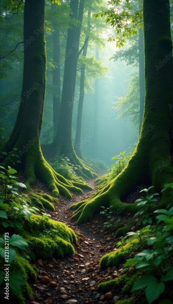 Fototapeta premium Misty forest floor with twisted tree roots and green moss, foliage, overgrowth