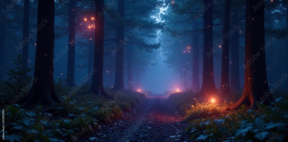 Fototapeta premium Softly glowing orbs illuminate a dark and mystical forest path, glow, night, ambiance