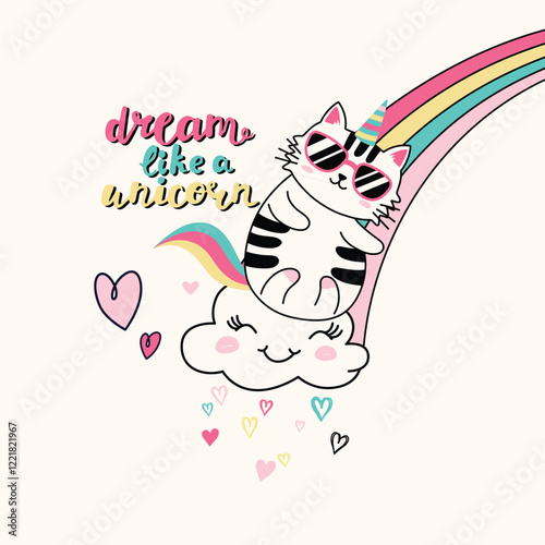 cute unicorn cat vector illustration with beautiful cloud and rainbow decoration