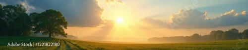 Softly glowing sunbeams filter through wispy cloud layers in the sky above a peaceful landscape with trees swaying gently in the breeze, fading light, sky, whitish