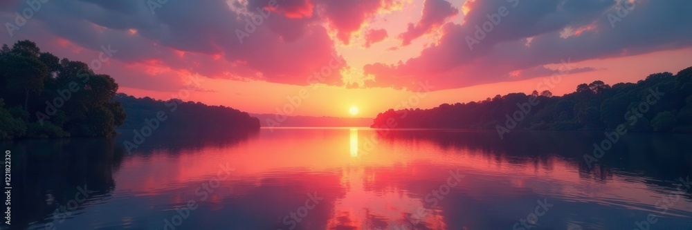 Naklejka premium Softly glowing sunset reflections on river surface, reflection, gentle