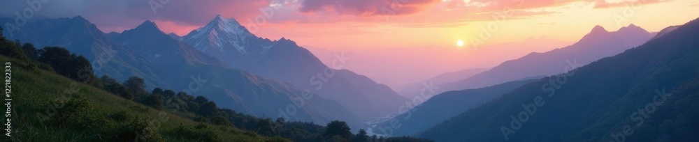 Obraz premium Softly glowing valley nestled between mountain peaks, peaceful, mountains