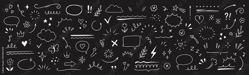 Cute line sketch star, arrow, heart decoration element icon set. Hand drawn sketch doodle cute star, emphasis, flower element. Pen line text decoration shape icon. Chalkboard vector illustration.