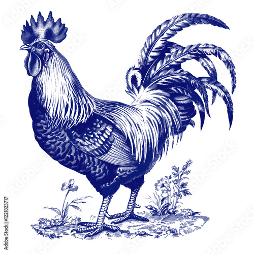 Hand drawn rooster vintage blue illustration vector