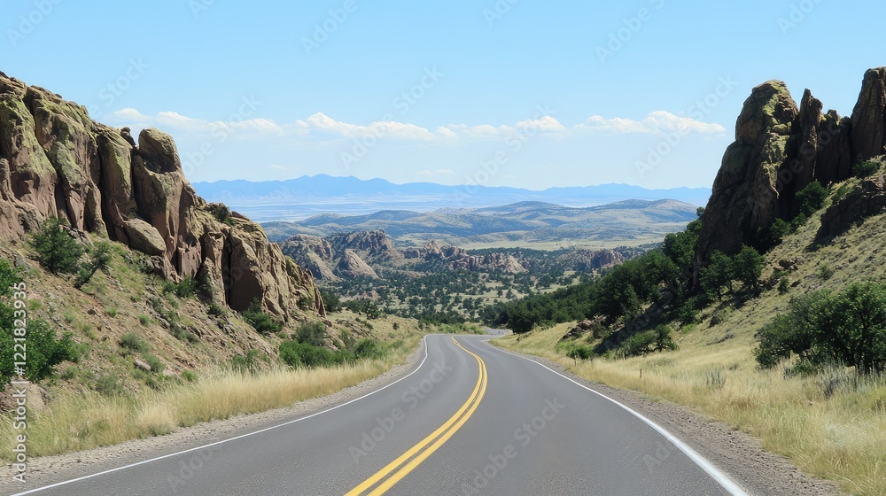 Fototapeta premium A scenic highway winding through an alpine landscape, crisp mountain air and clear skies