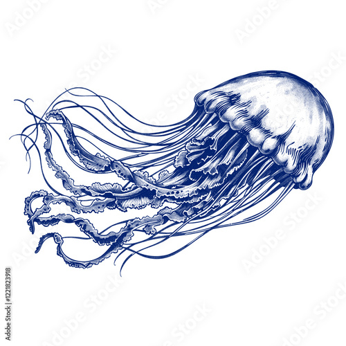 Hand drawn jellyfish animal blue invertebrate vector