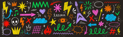 Hand drawn rock punk music star grunge heart doodle icon element set. Crayon brush stroke hand drawn line sketch style doodle rock punk star, heart shape. Crayon scribble music vector illustration