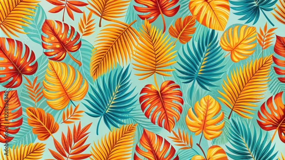 Vibrant Tropical Leaf Pattern A Colorful and Energetic Design Featuring Exotic Foliage in Warm and Cool Tones Vibrant Tropical Leaf Pattern A Colorful and Energetic Design Featuring Exotic Foliage in Warm and Cool Tones