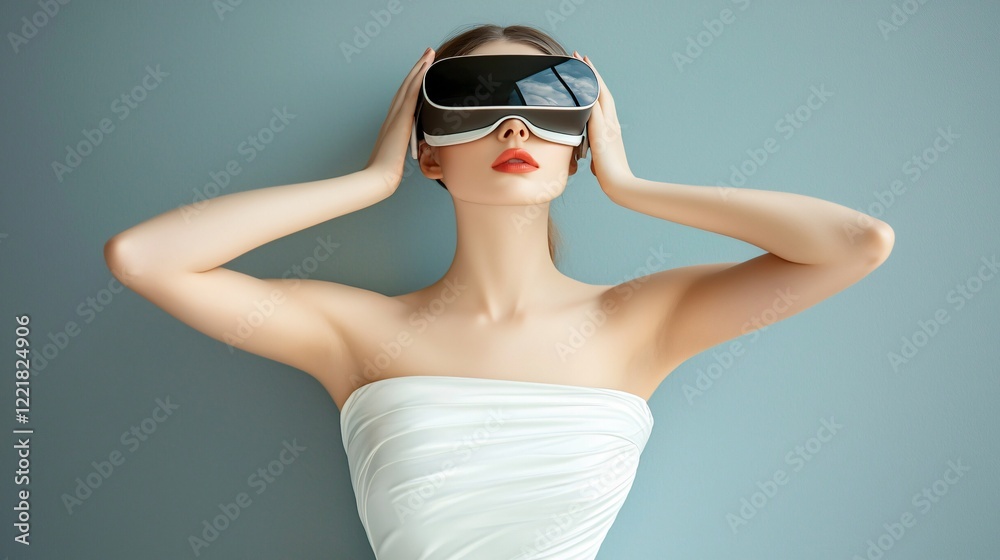 Woman Experiencing Immersive Virtual Reality Headset Technology Woman Experiencing Immersive Virtual Reality Headset Technology