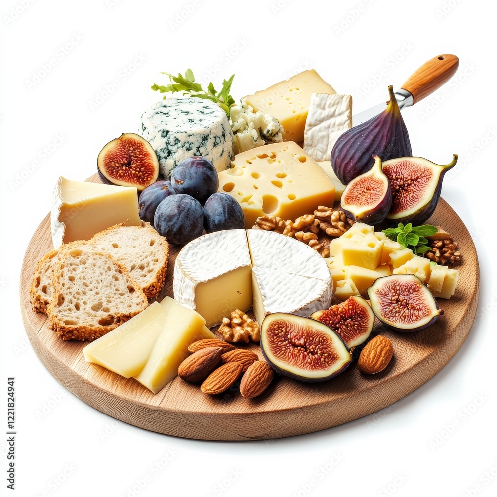 A board of assorted cheeses with figs and nuts, isolated white background, cubism art style A board of assorted cheeses with figs and nuts, isolated white background, cubism art style