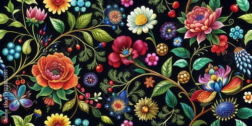 Vibrant Floral Tapestry A Richly Detailed Botanical Design Featuring a Kaleidoscope of Blossoms and Berries on a Dark Background