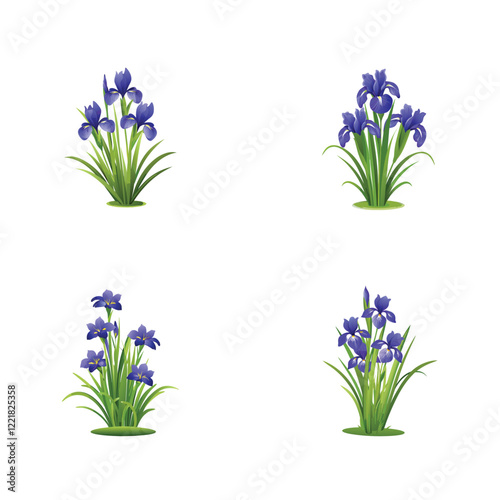4 icon set vector 3d logo blue iris flowers in bush on white background